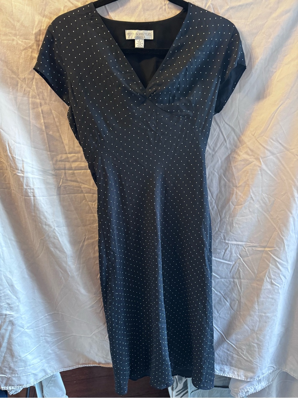 Vintage Silk Petite Sophisticate Black Dress with White Polka Dots